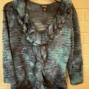 Dusak Design black/bluish ruffle burnout top size L